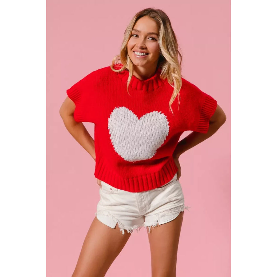 BiBi Rib Banded Heart Pattern Valentines Sweater Apparel and Accessories
