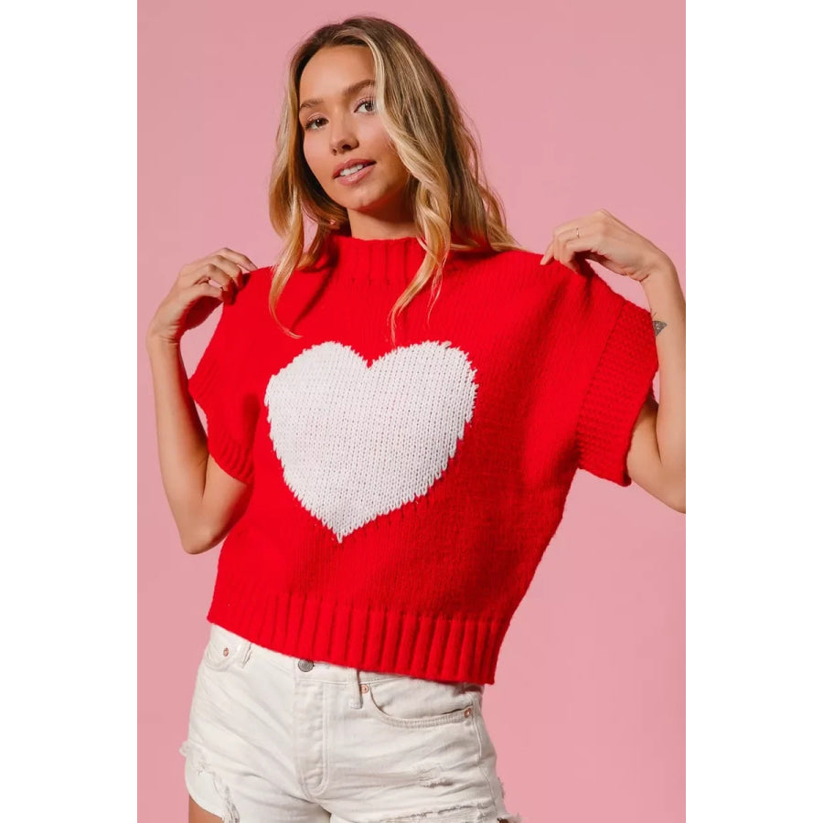 BiBi Rib Banded Heart Pattern Valentines Sweater Apparel and Accessories