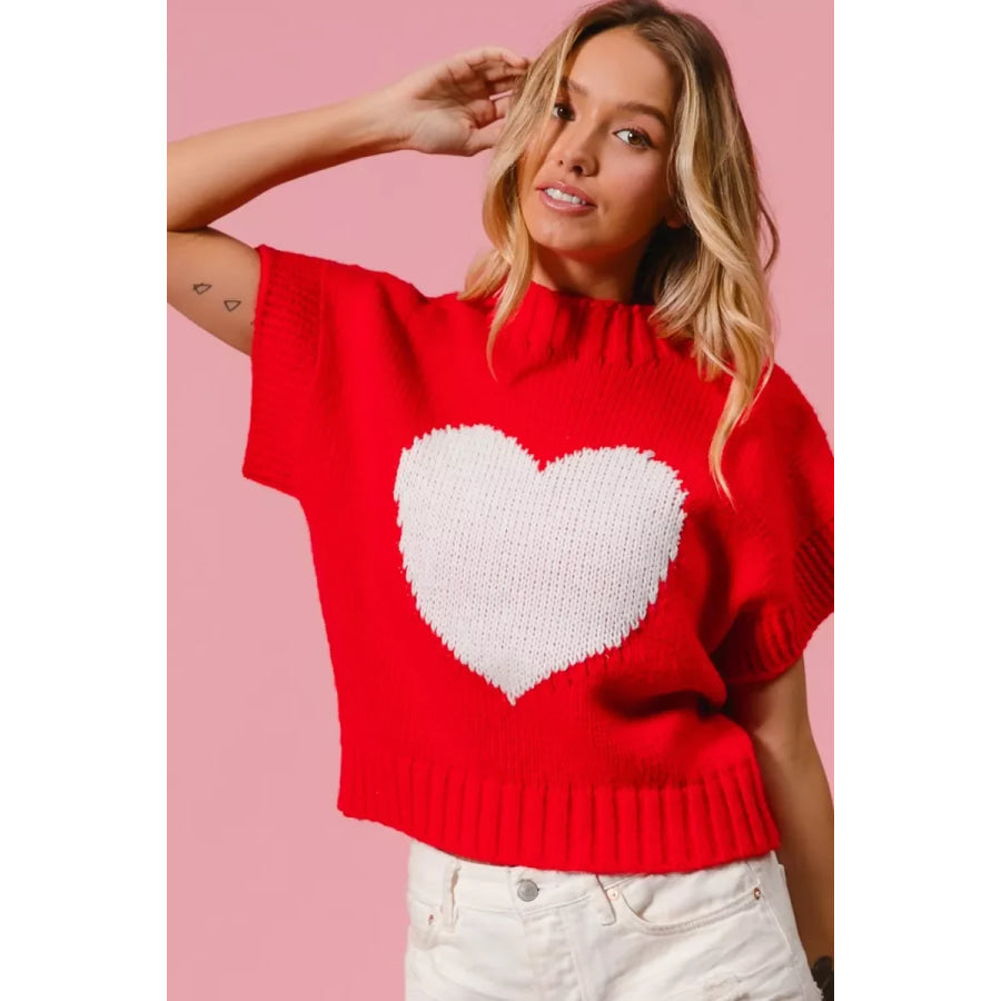 BiBi Rib Banded Heart Pattern Valentines Sweater Apparel and Accessories