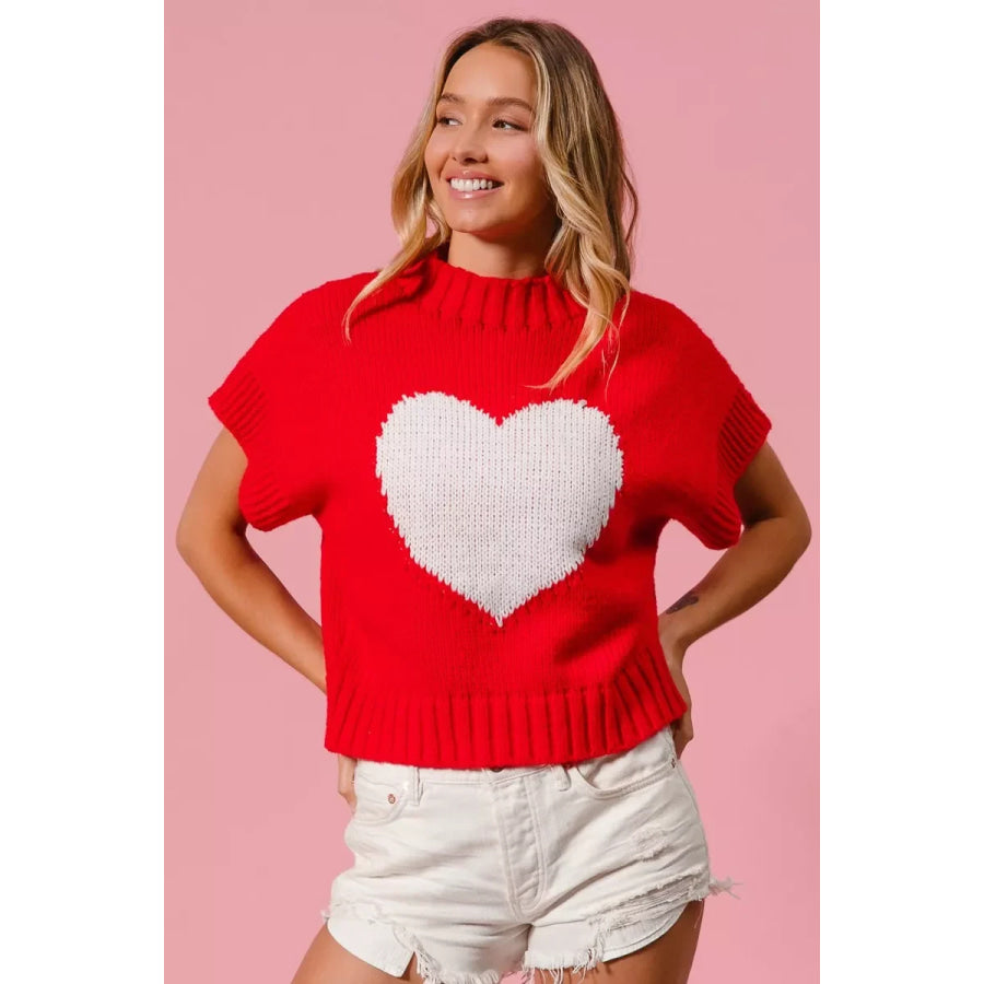 BiBi Rib Banded Heart Pattern Valentines Sweater Apparel and Accessories