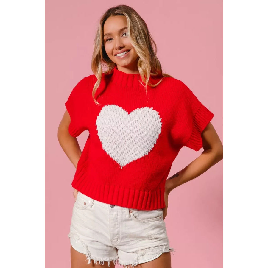 BiBi Rib Banded Heart Pattern Valentines Sweater RED/IVORY / S Apparel and Accessories