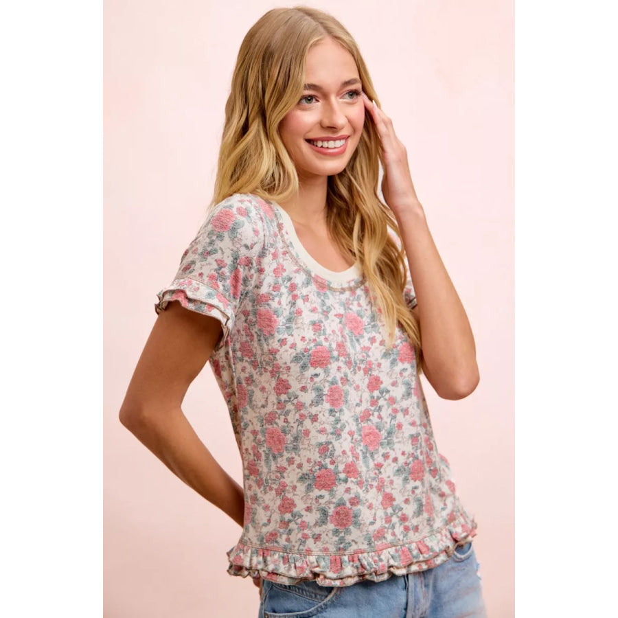 BiBi Rose Printed Slub Knit Ruffled Sleeves Top Apparel and Accessories