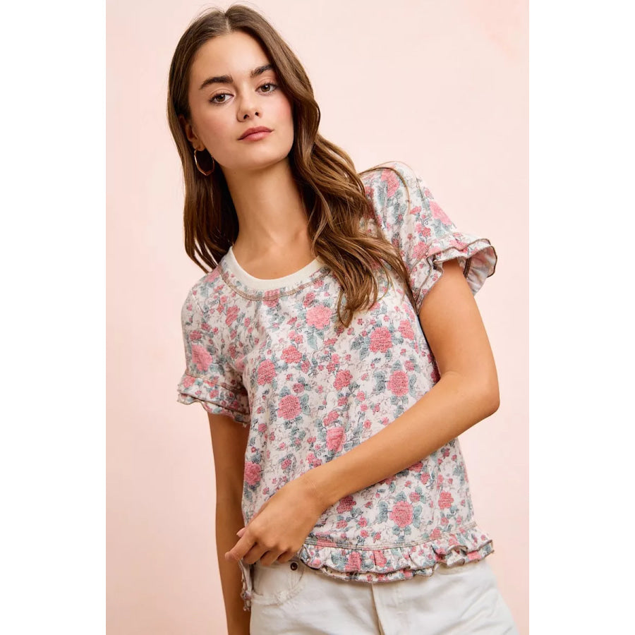 BiBi Rose Printed Slub Knit Ruffled Sleeves Top Apparel and Accessories