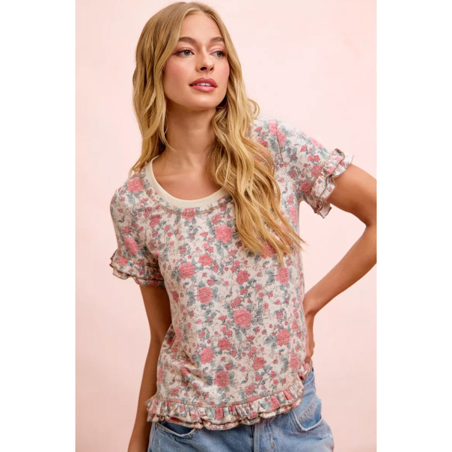 BiBi Rose Printed Slub Knit Ruffled Sleeves Top Apparel and Accessories