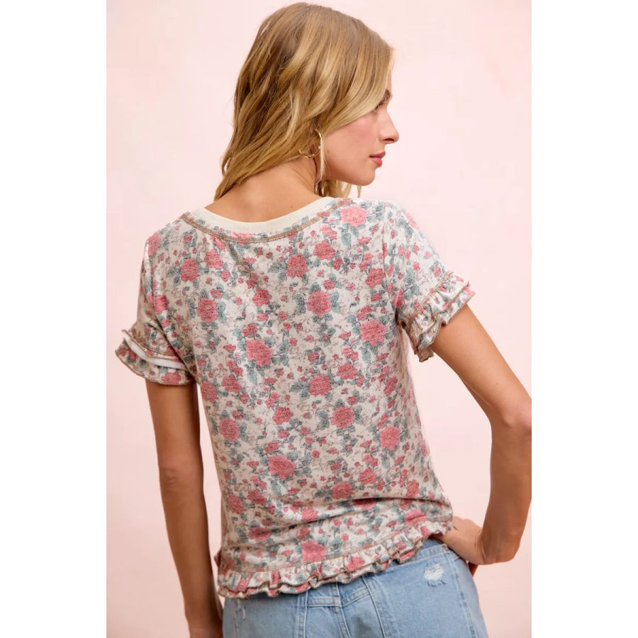 BiBi Rose Printed Slub Knit Ruffled Sleeves Top Apparel and Accessories