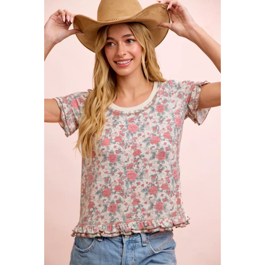 BiBi Rose Printed Slub Knit Ruffled Sleeves Top Apparel and Accessories