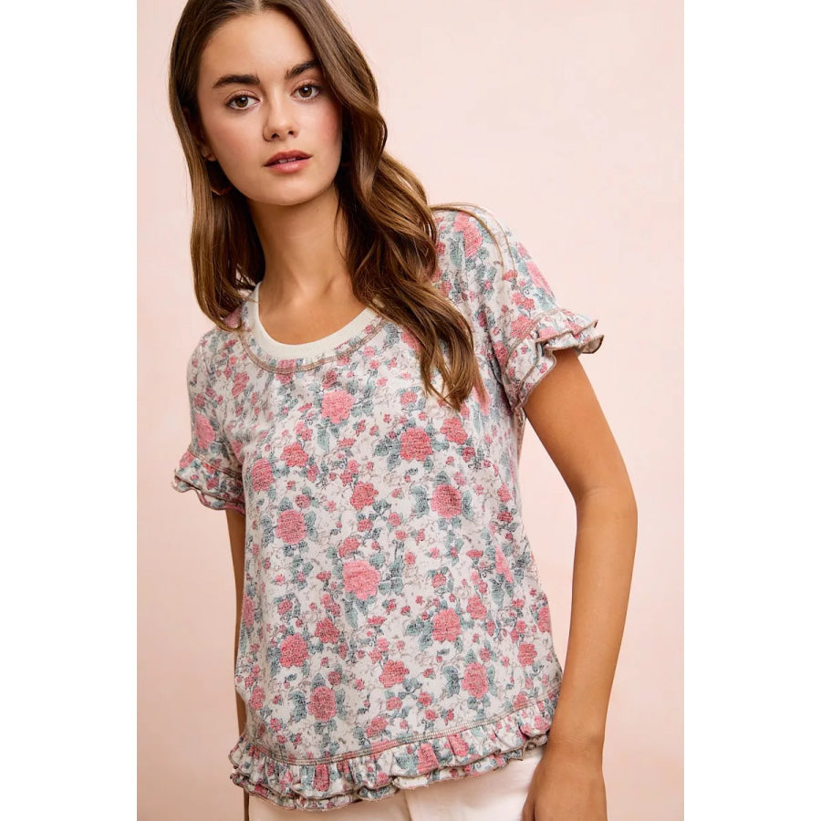 BiBi Rose Printed Slub Knit Ruffled Sleeves Top Apparel and Accessories