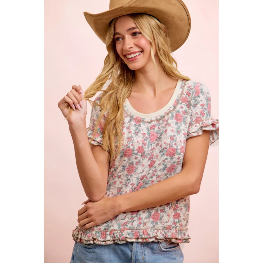 BiBi Rose Printed Slub Knit Ruffled Sleeves Top Apparel and Accessories