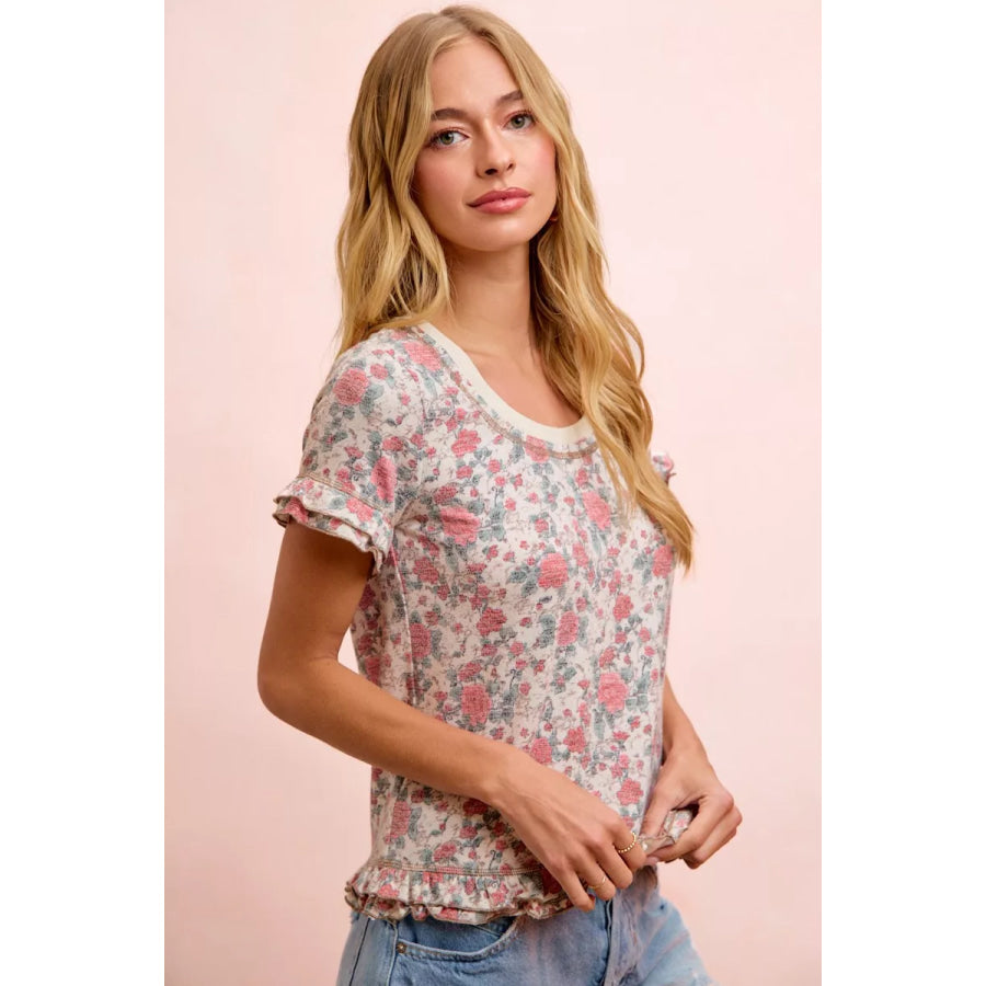 BiBi Rose Printed Slub Knit Ruffled Sleeves Top Apparel and Accessories
