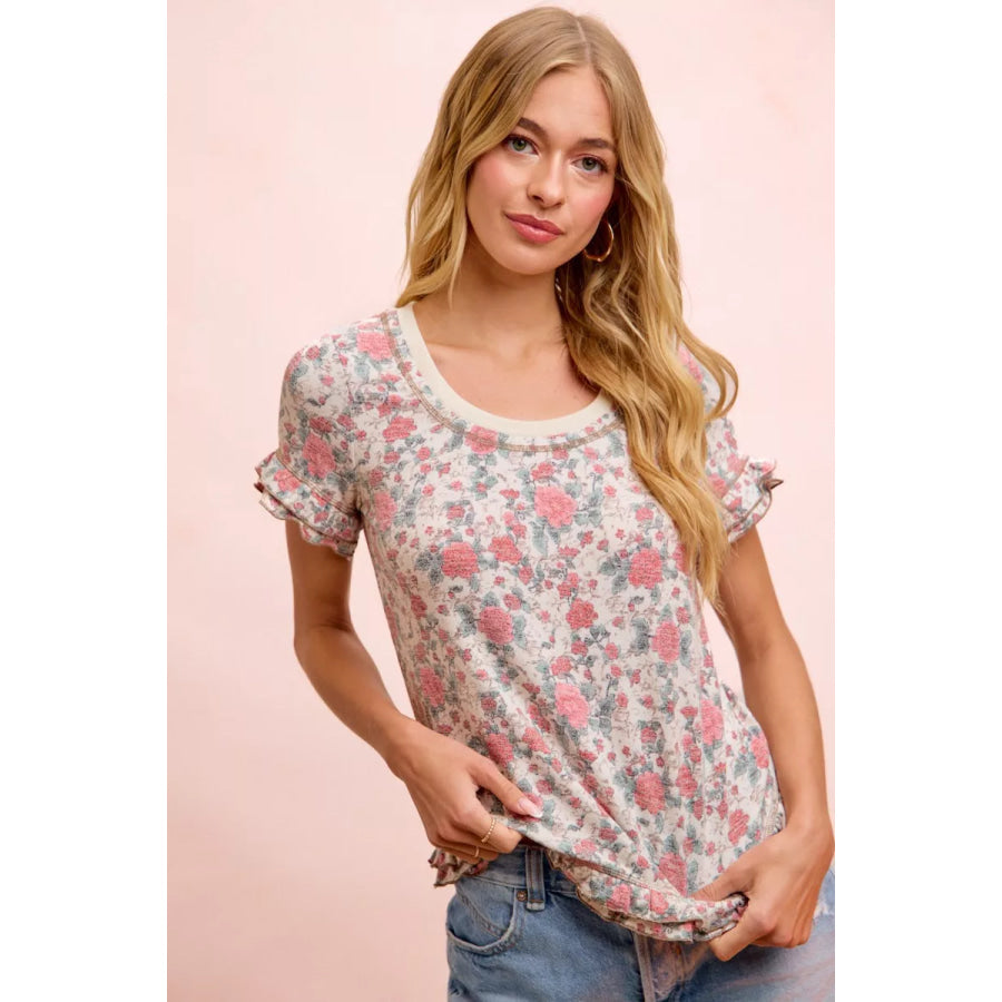 BiBi Rose Printed Slub Knit Ruffled Sleeves Top OATMEAL/CORAL / S Apparel and Accessories