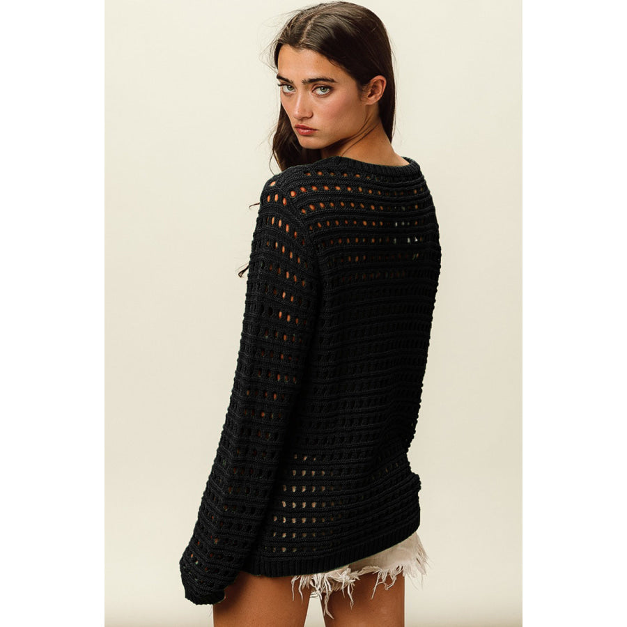 BiBi Round Neck Openwork Knit Cover Up Apparel and Accessories