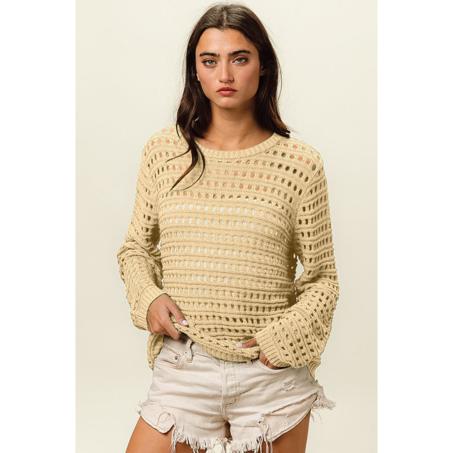 BiBi Round Neck Openwork Knit Cover Up Apparel and Accessories