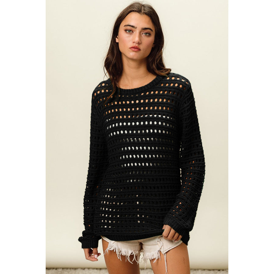 BiBi Round Neck Openwork Knit Cover Up Apparel and Accessories