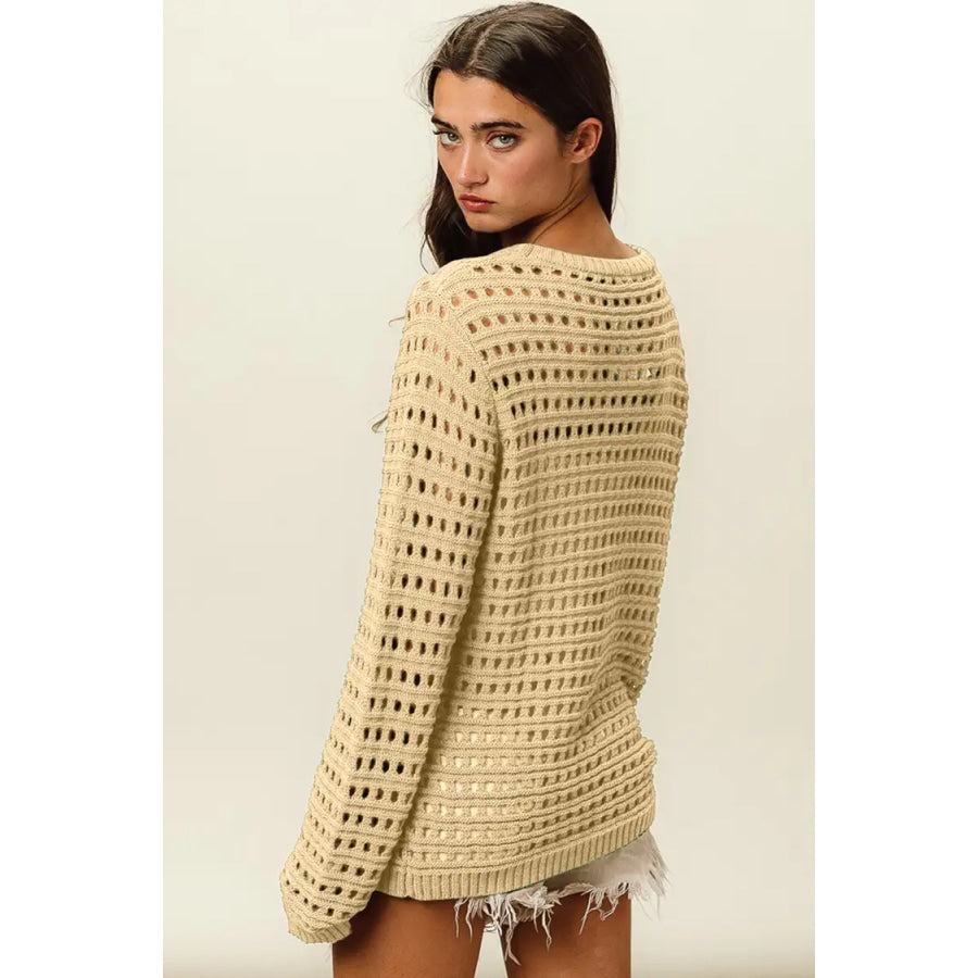 BiBi Round Neck Openwork Knit Cover Up Apparel and Accessories