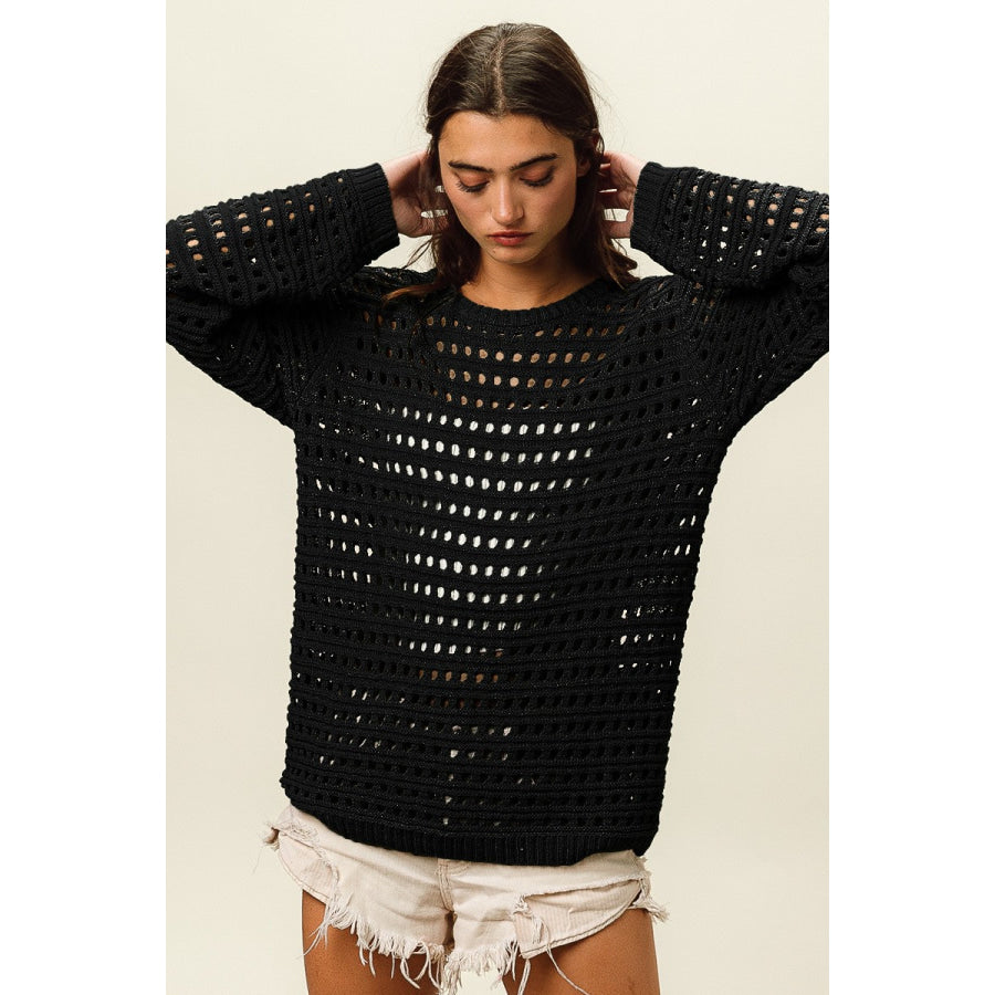 BiBi Round Neck Openwork Knit Cover Up Black / S Apparel and Accessories
