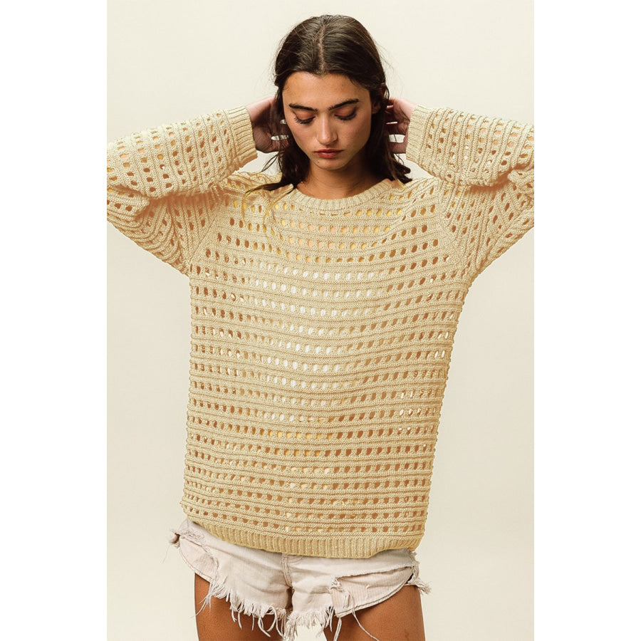 BiBi Round Neck Openwork Knit Cover Up Oatmeal / S Apparel and Accessories