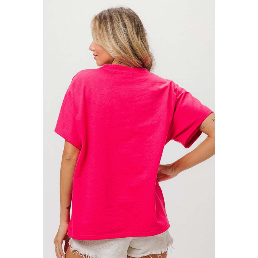 BiBi Round Neck Short Sleeve T - Shirt Fuchsia / S Apparel and Accessories