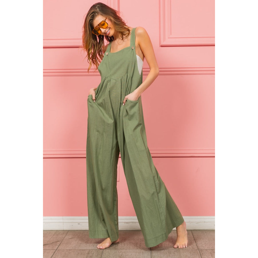 BiBi Ruched Wide Leg Overalls with Pockets Apparel and Accessories