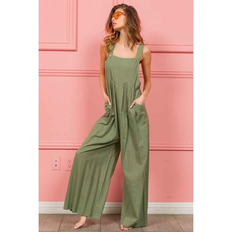 BiBi Ruched Wide Leg Overalls with Pockets Apparel and Accessories