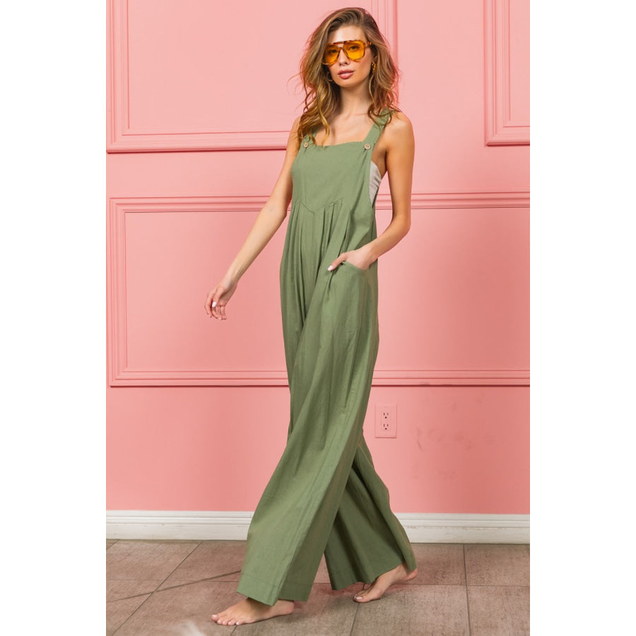 BiBi Ruched Wide Leg Overalls with Pockets Dust Sage / S Apparel and Accessories