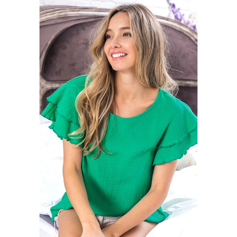 BiBi Ruffle Sleeve Wrinkled Cotton Gauze Top Jade / S Shirts &amp; Tops