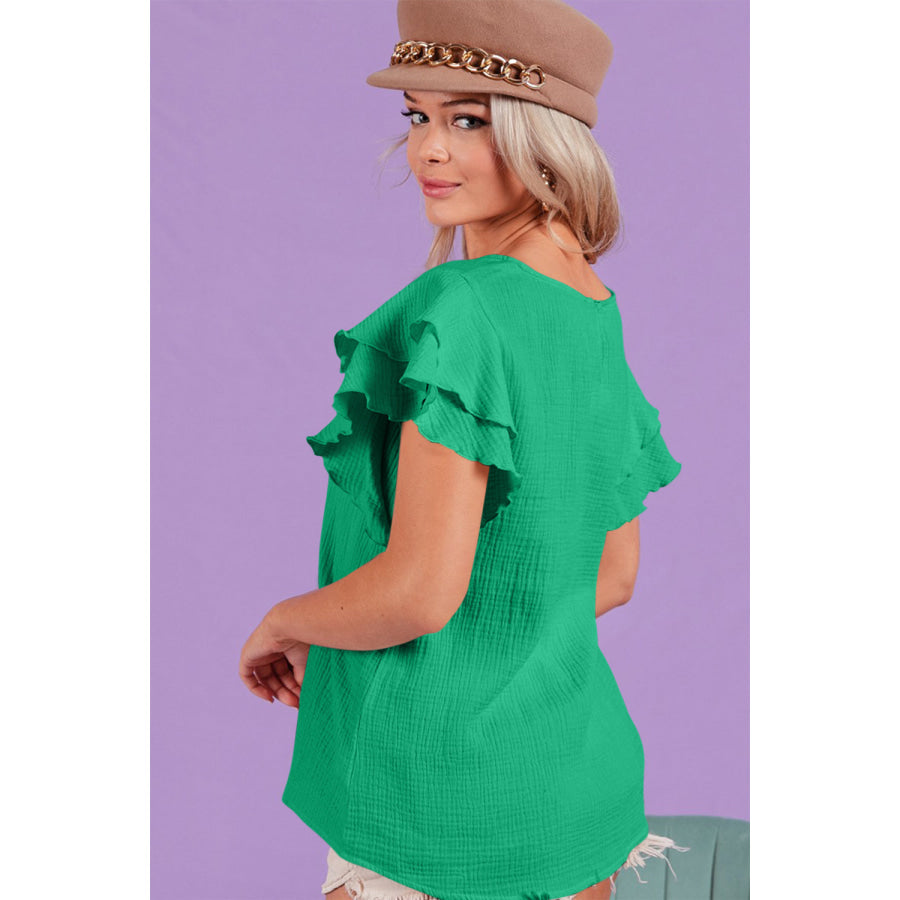 BiBi Ruffle Sleeve Wrinkled Cotton Gauze Top Jade / S Shirts & Tops