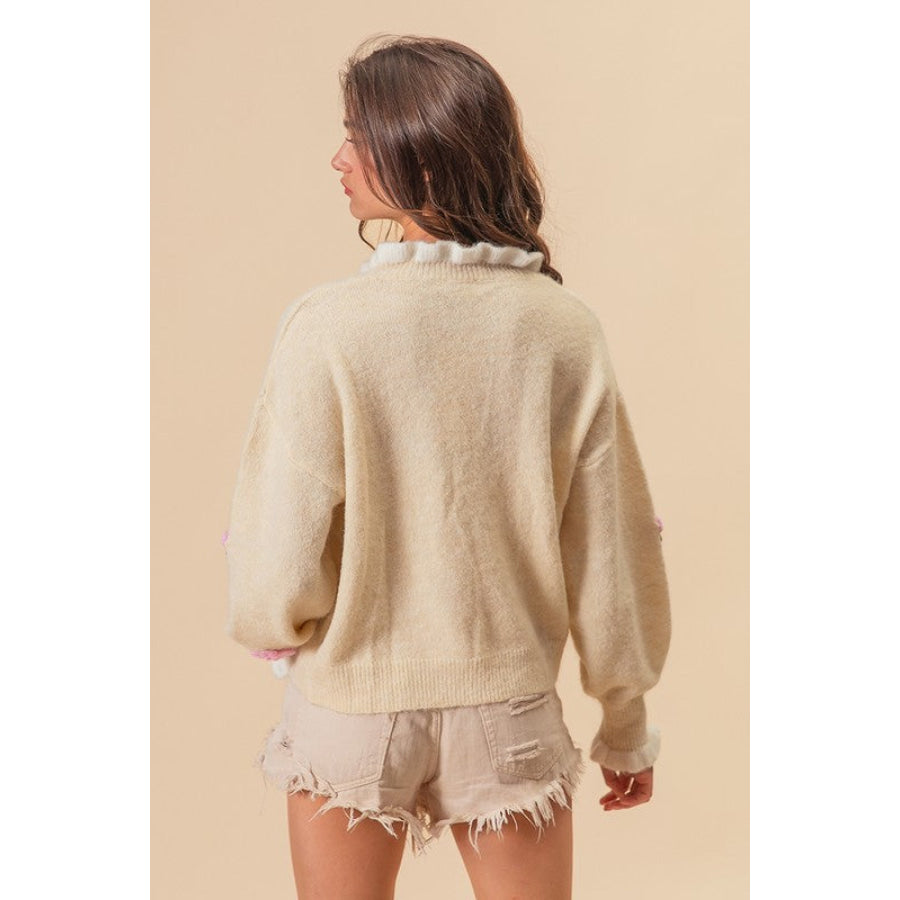 BiBi Ruffled Crochet Flower Dropped Shoulder Sweater Apparel and Accessories