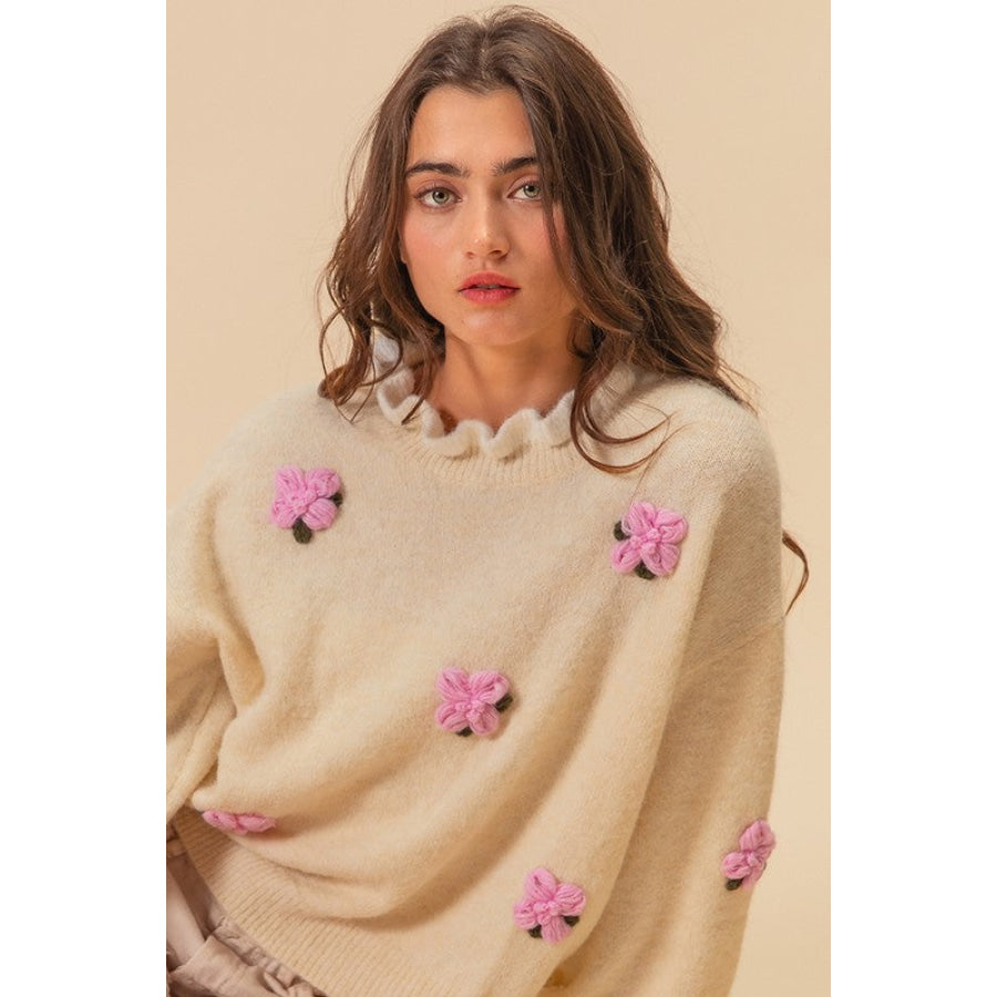 BiBi Ruffled Crochet Flower Dropped Shoulder Sweater Apparel and Accessories