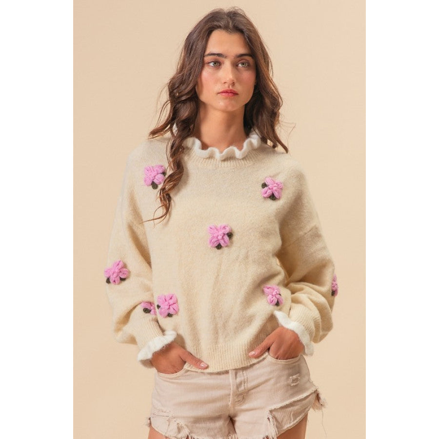 BiBi Ruffled Crochet Flower Dropped Shoulder Sweater Cream / S Apparel and Accessories