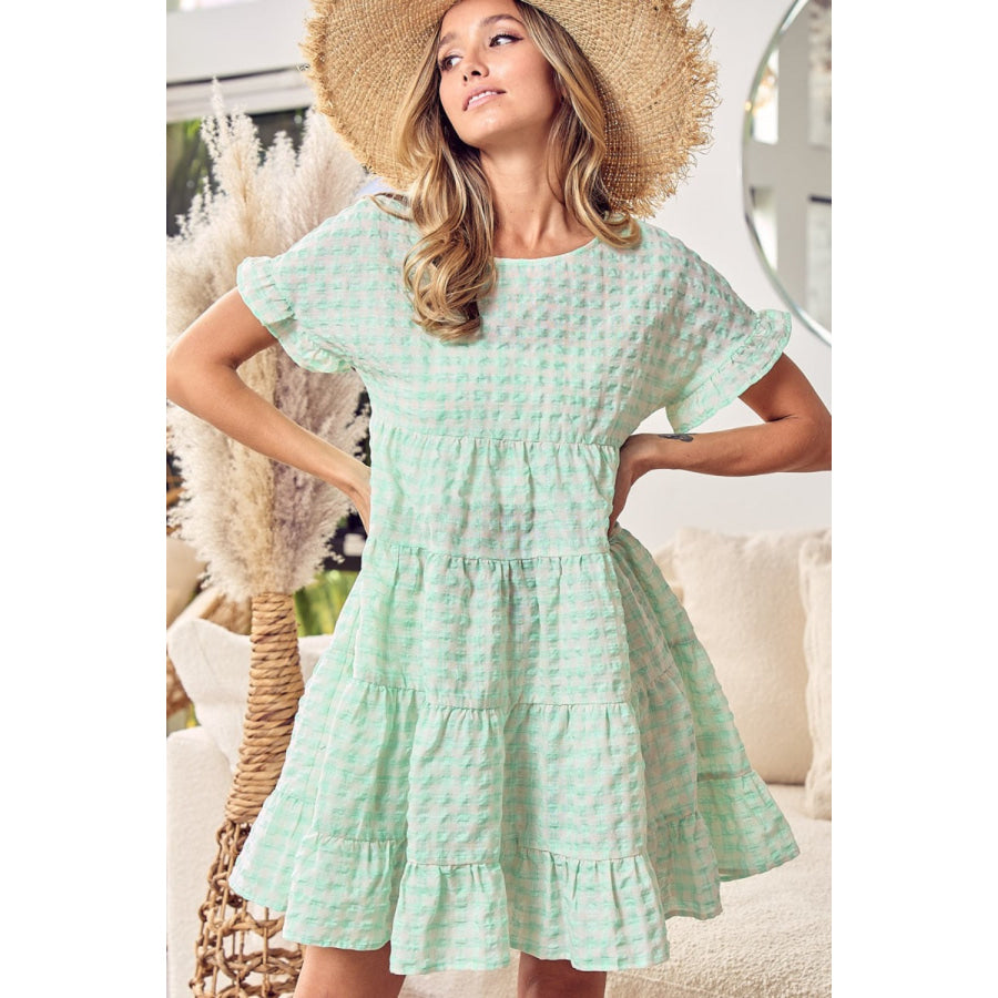 BiBi Ruffled Hem Short Sleeve Tiered Dress Neon Green Multi / S Apparel and Accessories