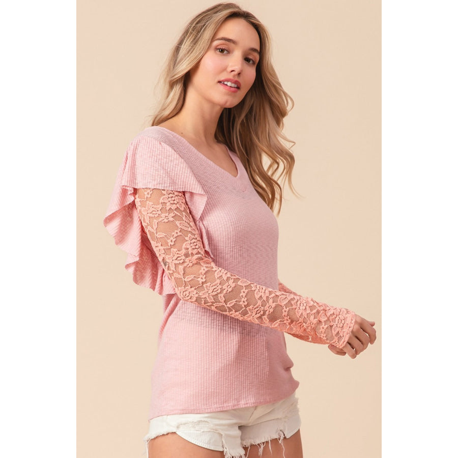 BiBi Ruffled Lace Sleeve Rib Knit Top Blush Pink / S Apparel and Accessories
