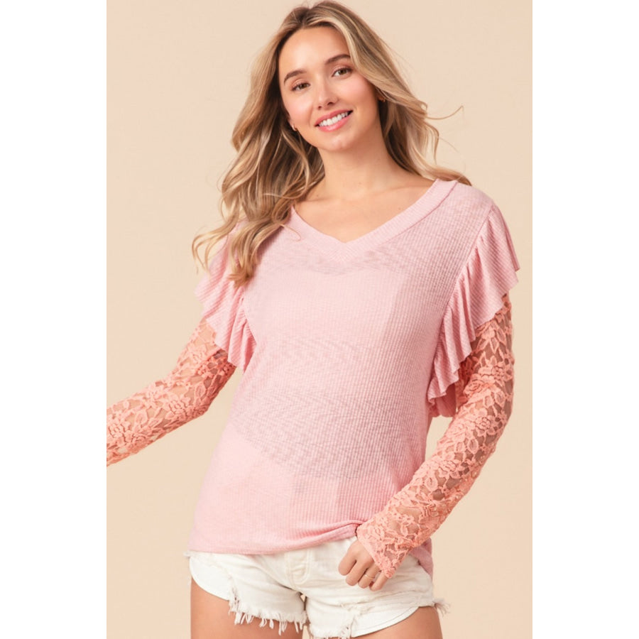 BiBi Ruffled Lace Sleeve Rib Knit Top Apparel and Accessories