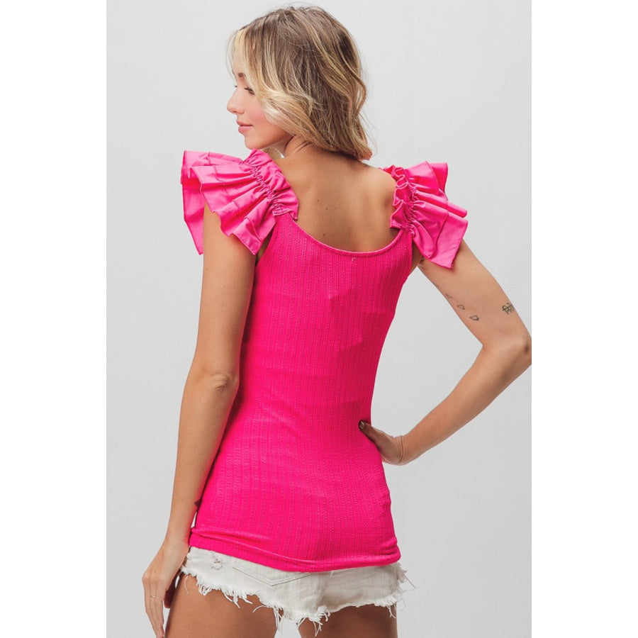 BiBi Ruffled Shoulder Strap Rib Texture Top Apparel and Accessories