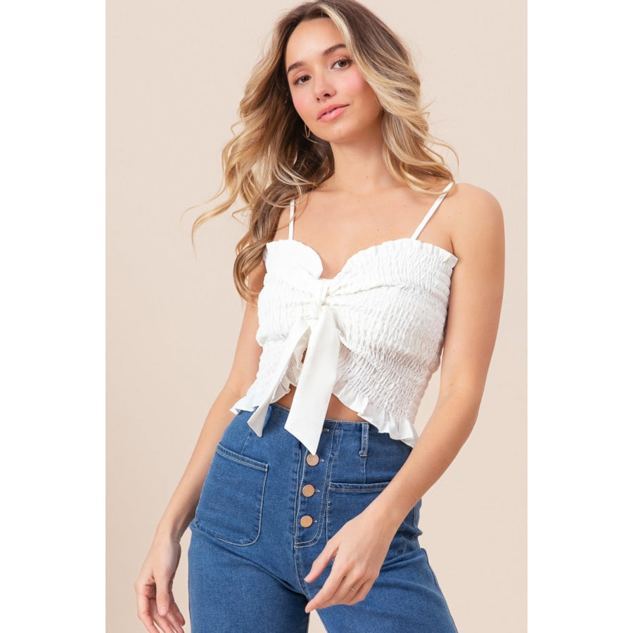 BiBi Ruffled Smocked Ribbon Detail Cami Off White / S Apparel and Accessories