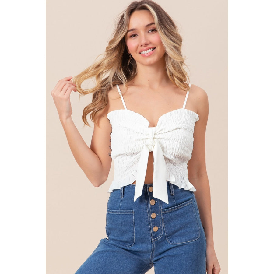 BiBi Ruffled Smocked Ribbon Detail Cami Off White / S Apparel and Accessories