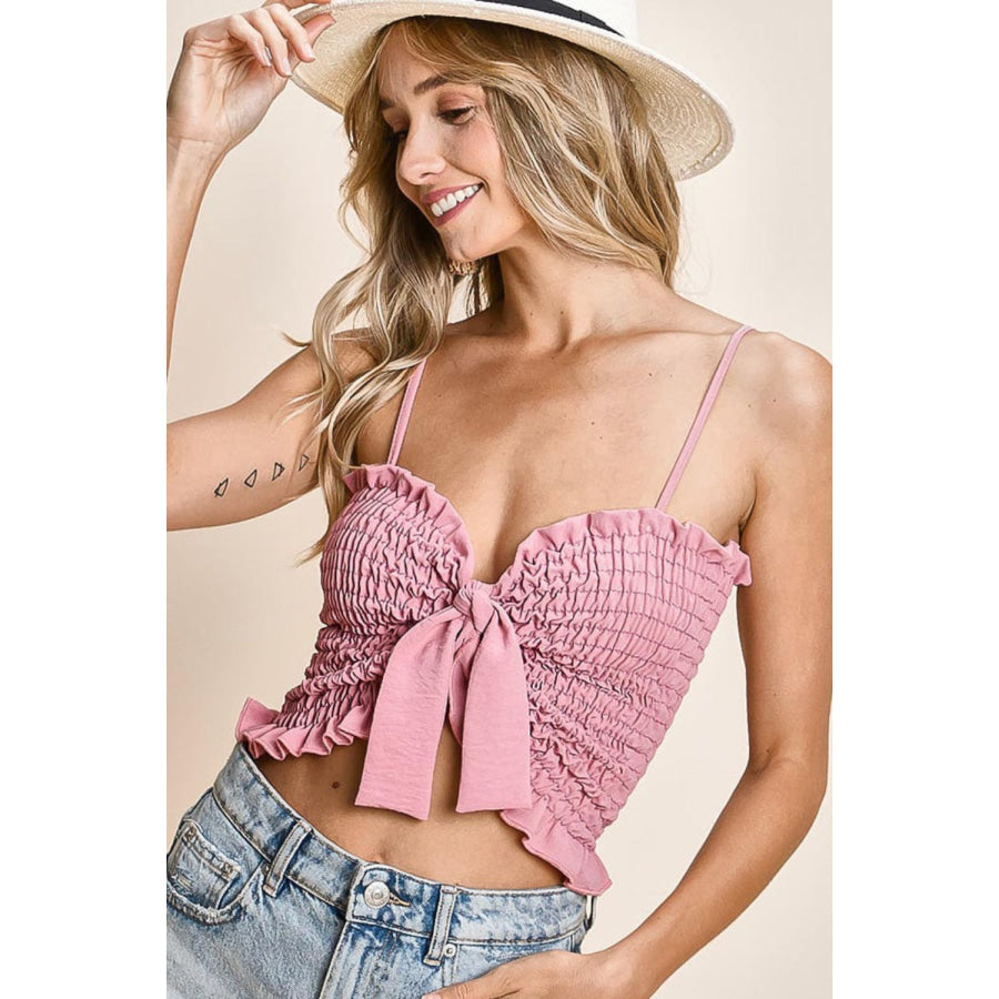 BiBi Ruffled Smocked Ribbon Detail Cami Rose / S Apparel and Accessories