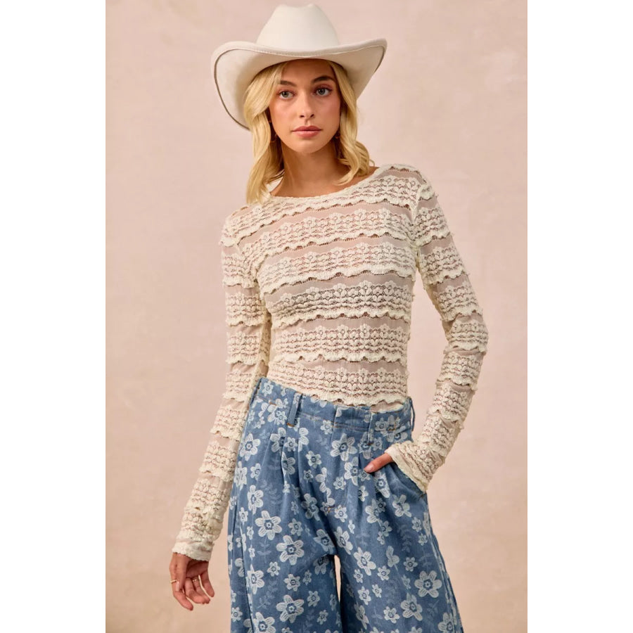 BiBi Ruffles Detail Flower Lace Top CREAM / S Apparel and Accessories