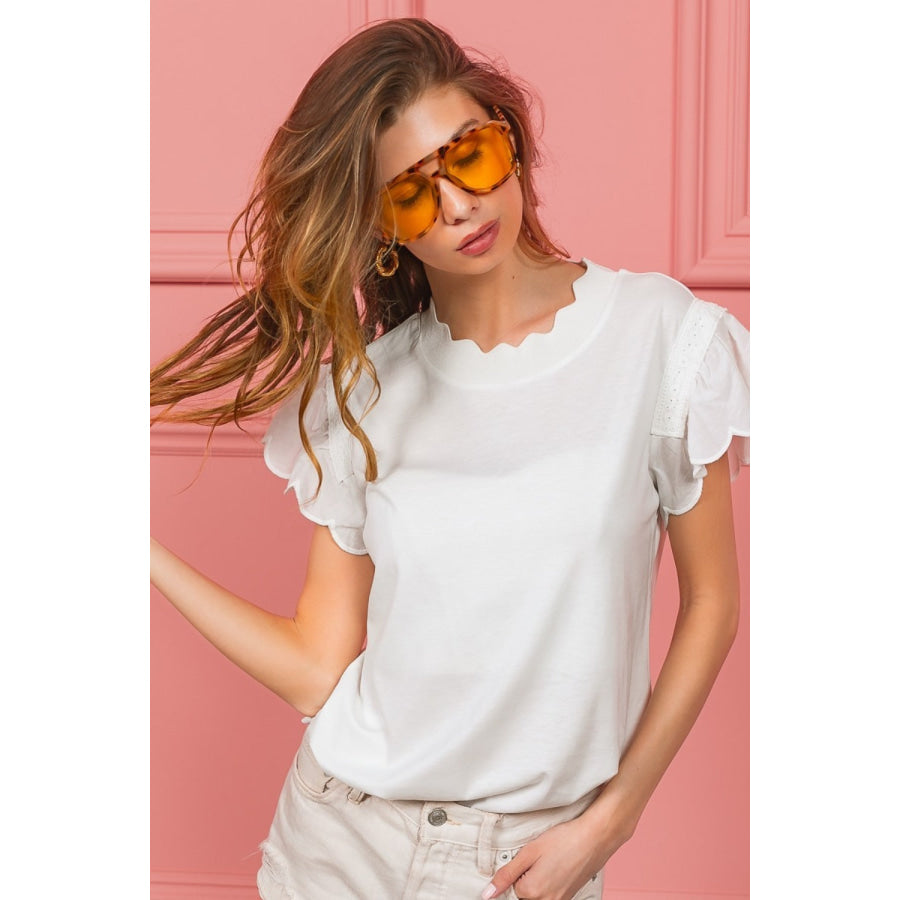 BiBi Scallop Edged Lace Trim Top Off White / S Apparel and Accessories