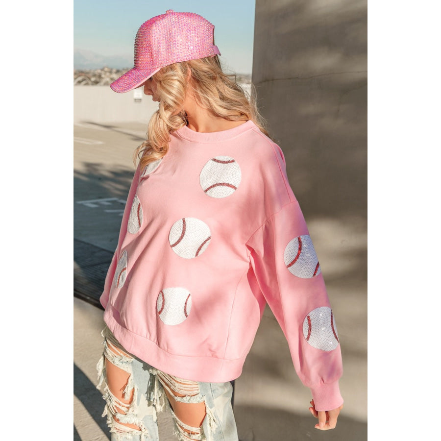 BiBi Sequin Baseball Patches French Terry Sweatshirt Lt Pink / S Apparel and Accessories