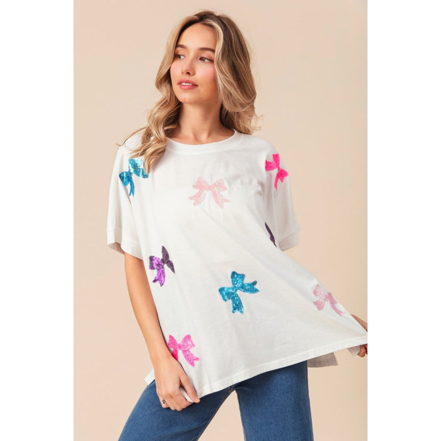 BiBi Sequin Bow Patch Short Sleeve T-Shirt Apparel and Accessories