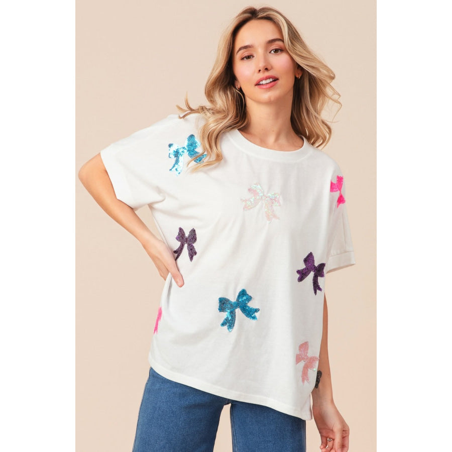 BiBi Sequin Bow Patch Short Sleeve T-Shirt Apparel and Accessories