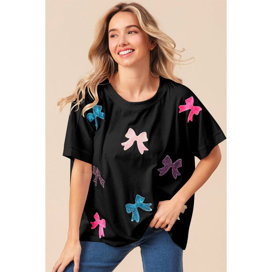 BiBi Sequin Bow Patch Short Sleeve T-Shirt Black / S Apparel and Accessories