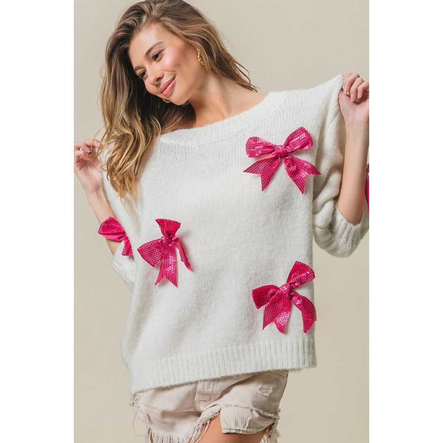 BiBi Sequin Bow Puff Sleeve Sweater Apparel and Accessories