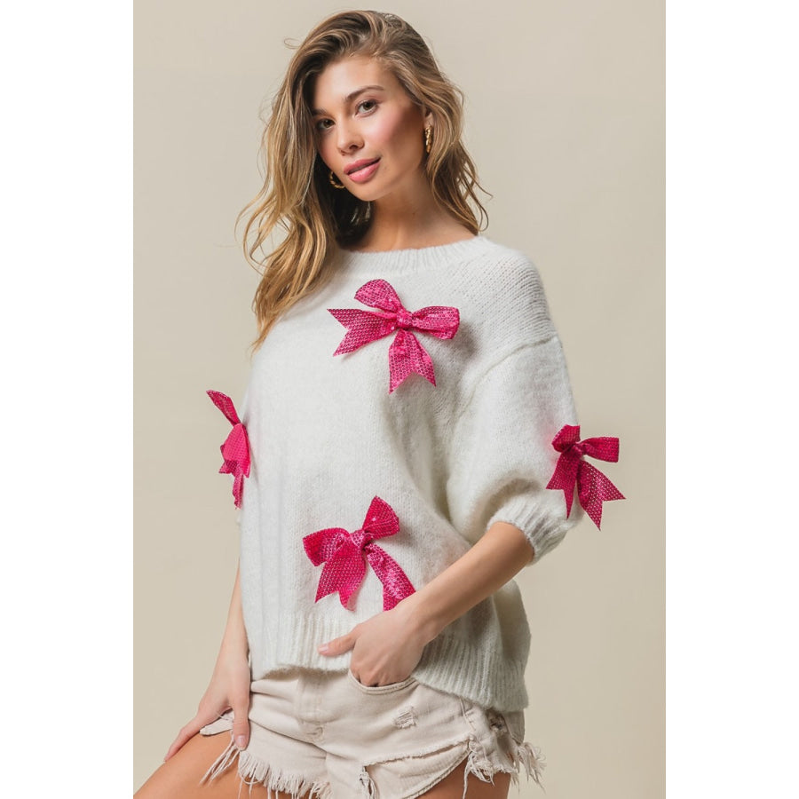 BiBi Sequin Bow Puff Sleeve Sweater Ivory/Fuchsia / S Apparel and Accessories