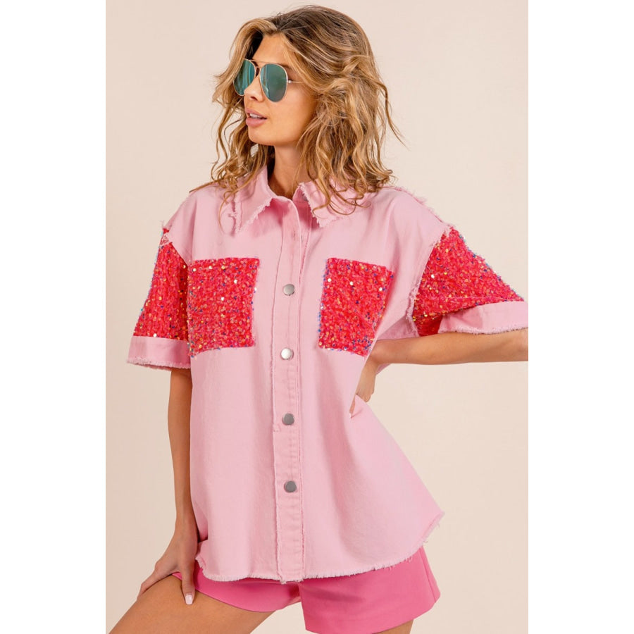 BiBi Sequin Detail Raw Hem Short Sleeve Shirt Apparel and Accessories