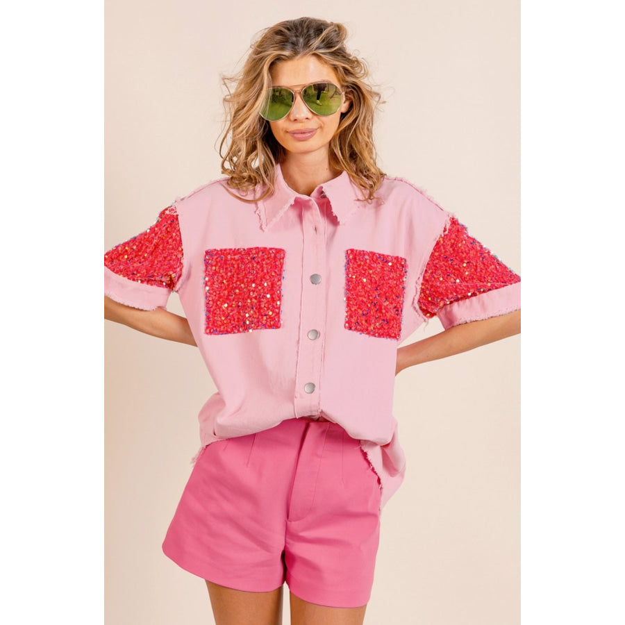 BiBi Sequin Detail Raw Hem Short Sleeve Shirt Apparel and Accessories