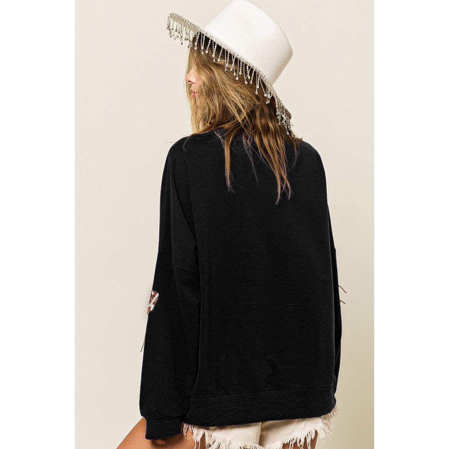 BiBi Sequin Fringe Football Patch Round Neck Sweatshirt Black/Bronze / S Apparel and Accessories