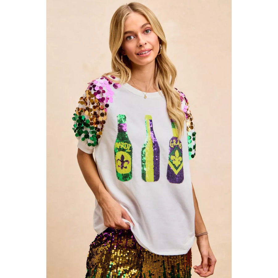BiBi Sequin Mardi Gras Bottles Spangled Sleeve Top Apparel and Accessories
