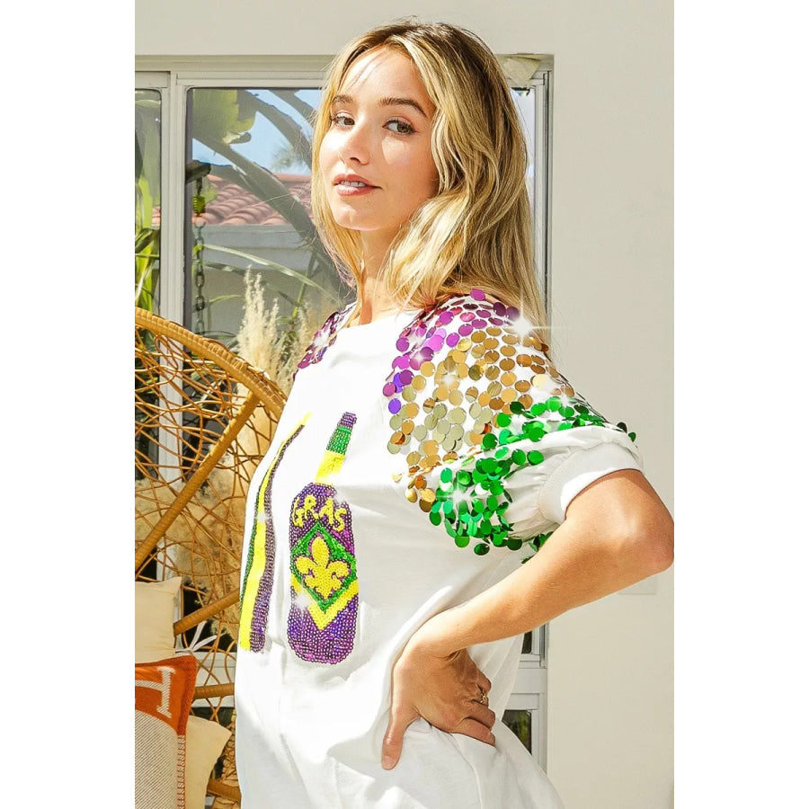BiBi Sequin Mardi Gras Bottles Spangled Sleeve Top Apparel and Accessories