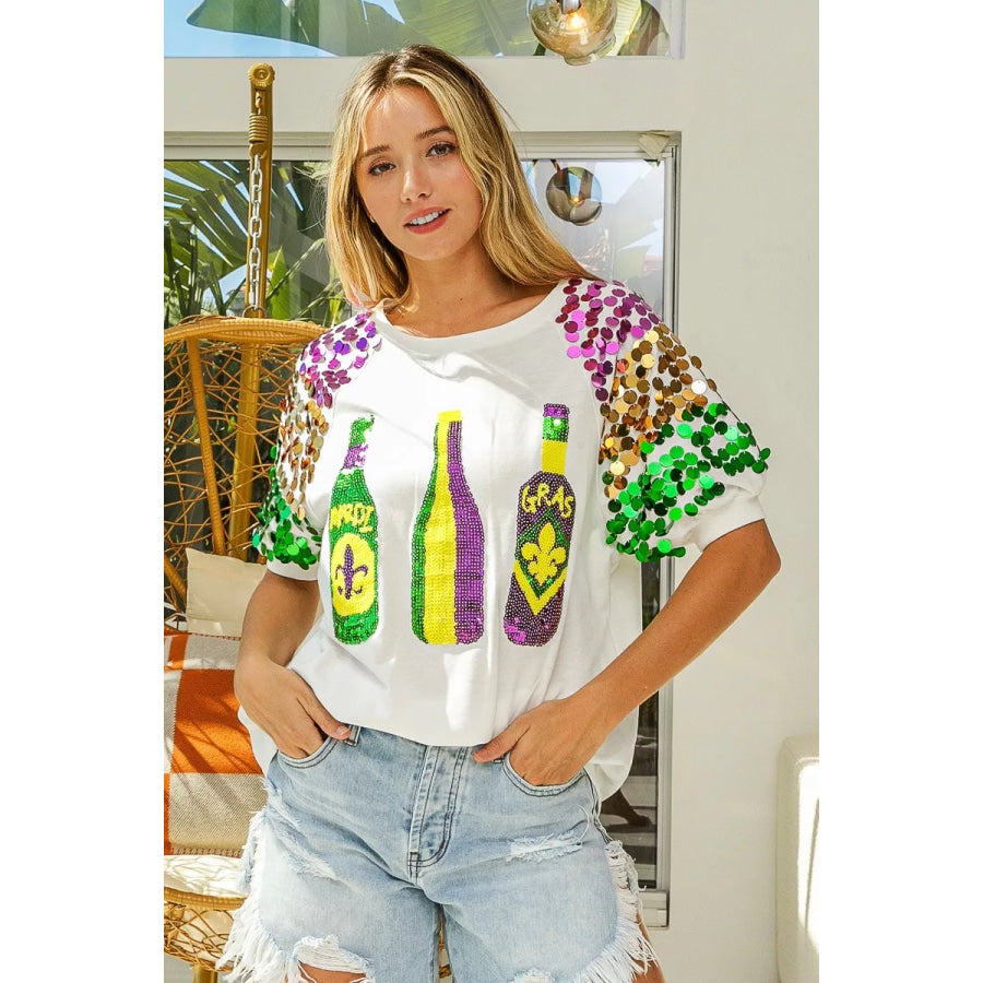 BiBi Sequin Mardi Gras Bottles Spangled Sleeve Top Apparel and Accessories